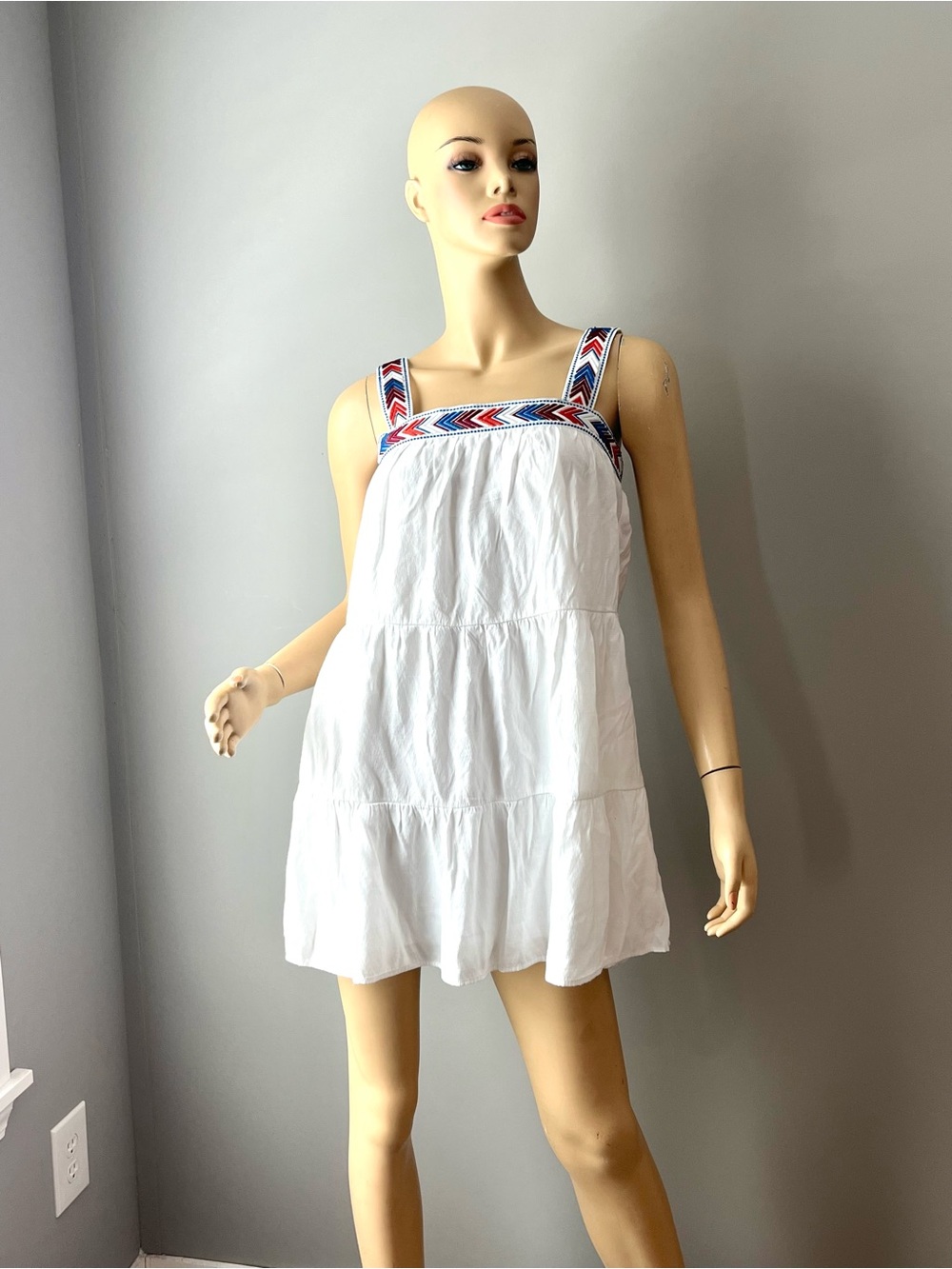 Blue Rain White Mini Dress with Red & Blue Embroidered Straps